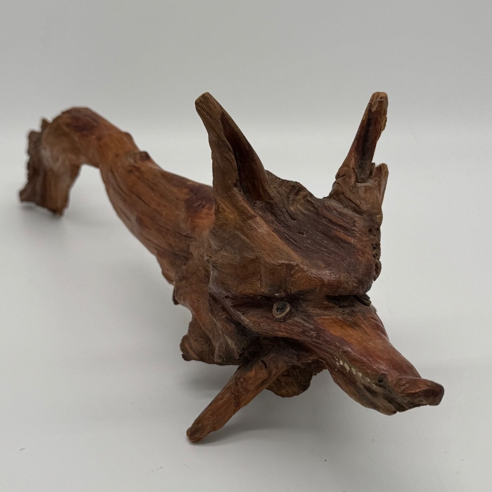 Vintage Hand Carved Wood Coyote Wolf Sculpture Cypress Knee Driftwood Folk Art